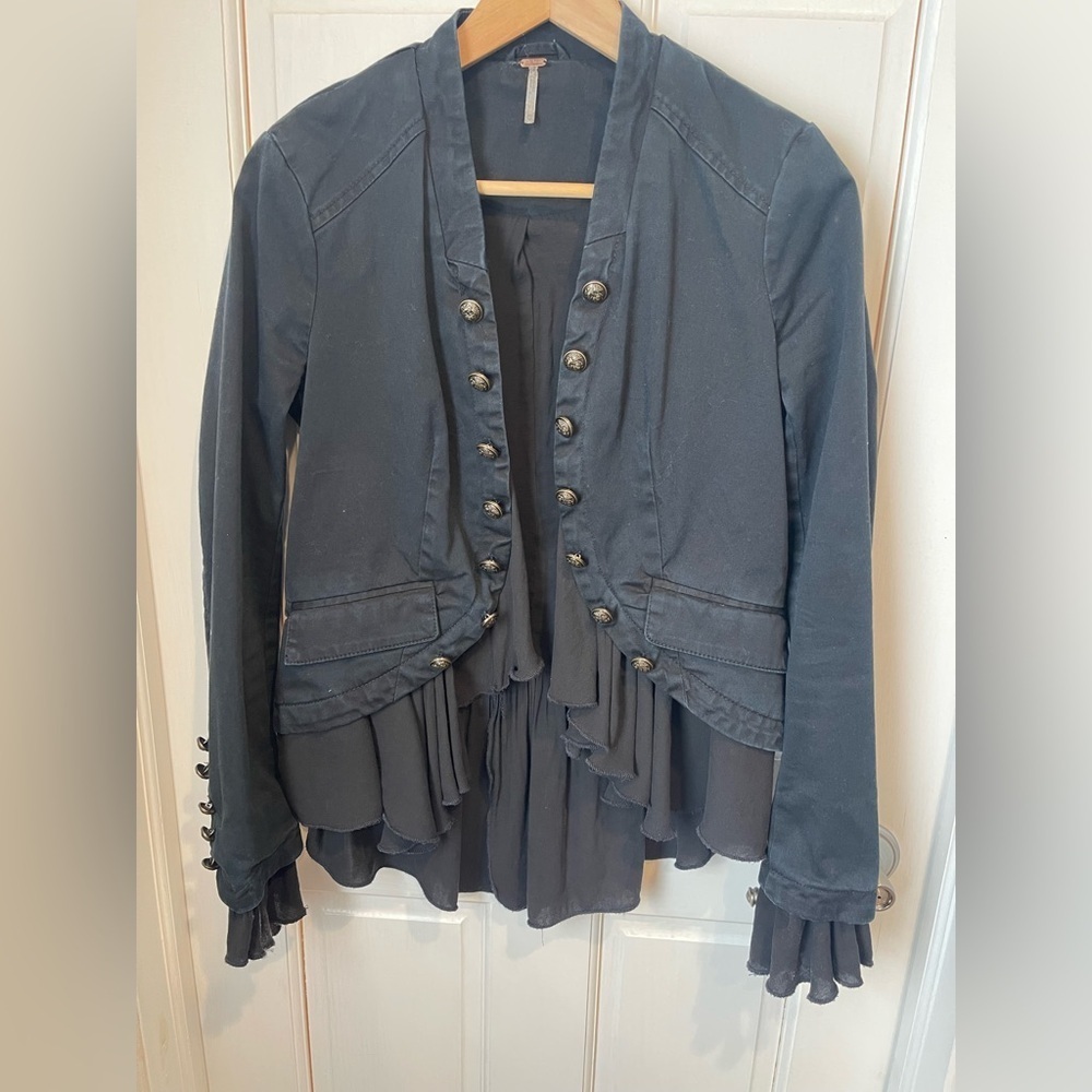 Free People Romantic Ruffles Charcoal Bronze Buttoned Blazer Jacket XS - Picture 2 of 7